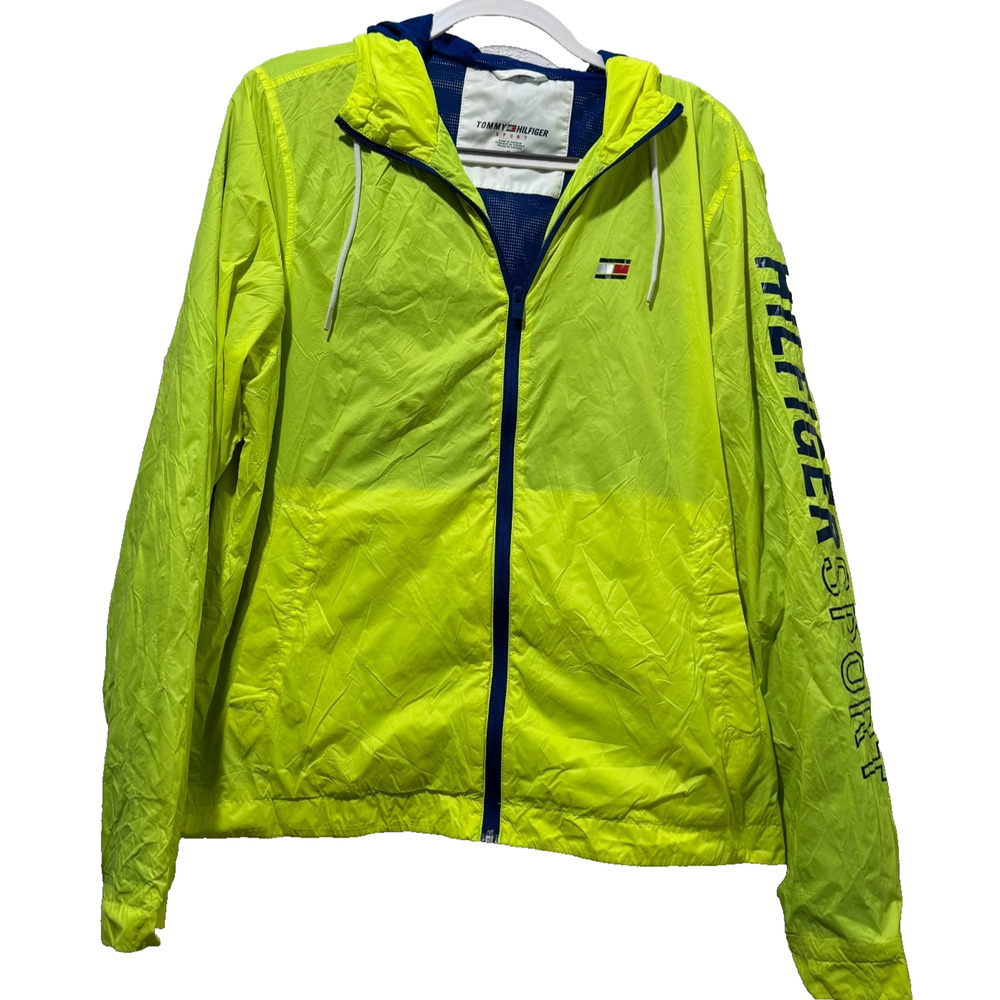 90s Tommy Hilfiger Mens Neon Green Yellow Hooded Windbreaker Jacket M Spell Out